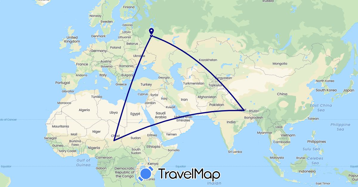 TravelMap itinerary: driving in Nepal, Russia, Chad (Africa, Asia, Europe)